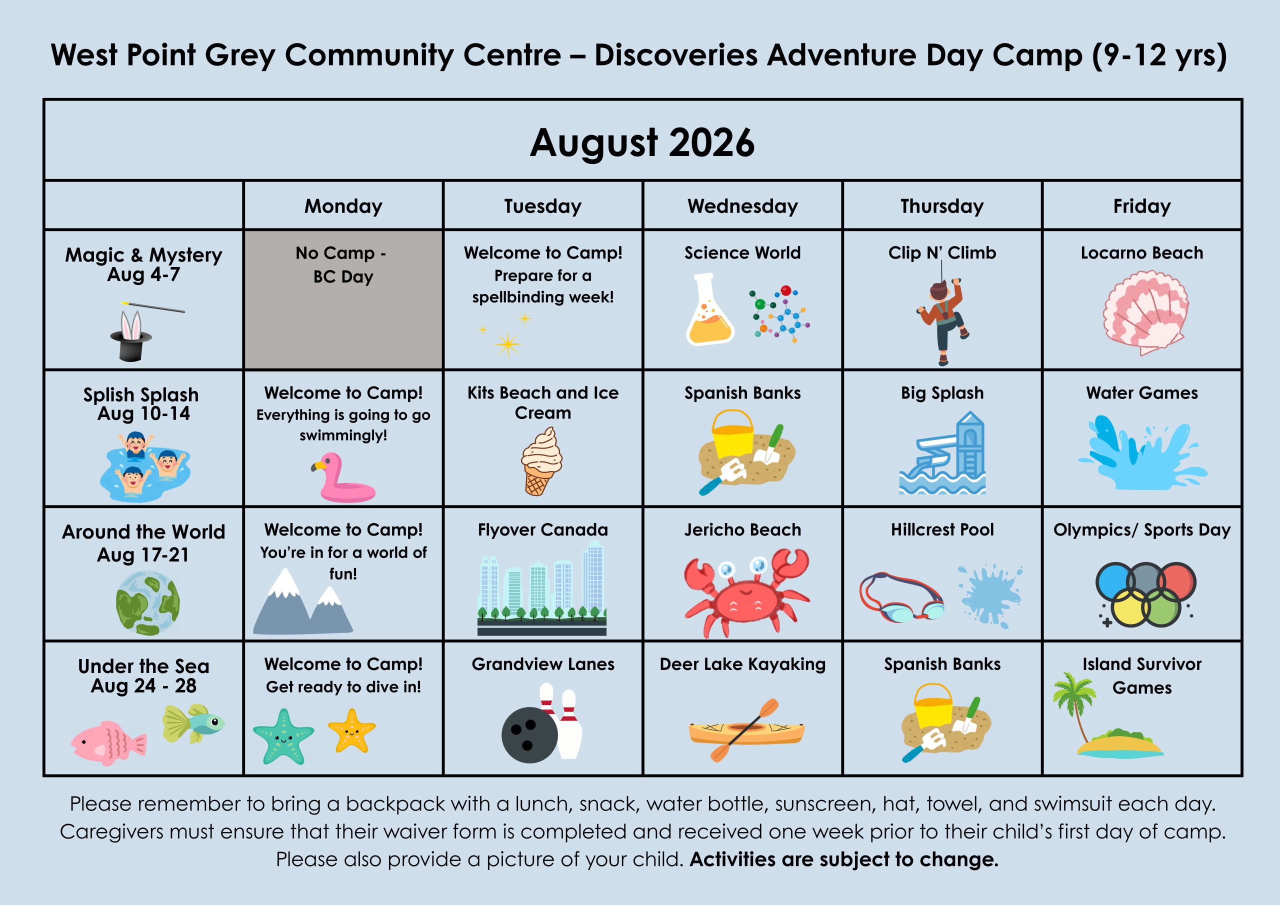 August Discoveries Adventure Day Camp (9-12 yrs)